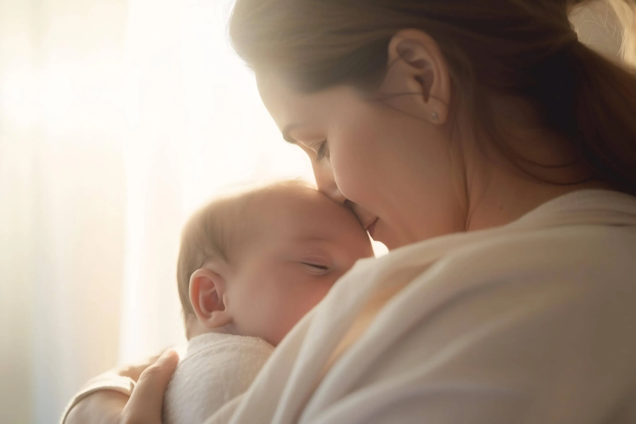A mother cradling her newborn baby